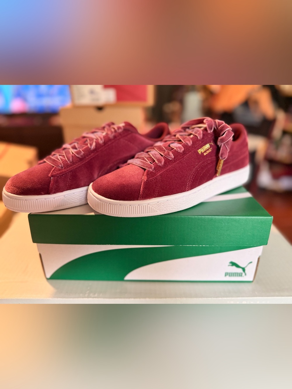 Puma Women's Velvet Sneakers in Burgundy with Gold Accents